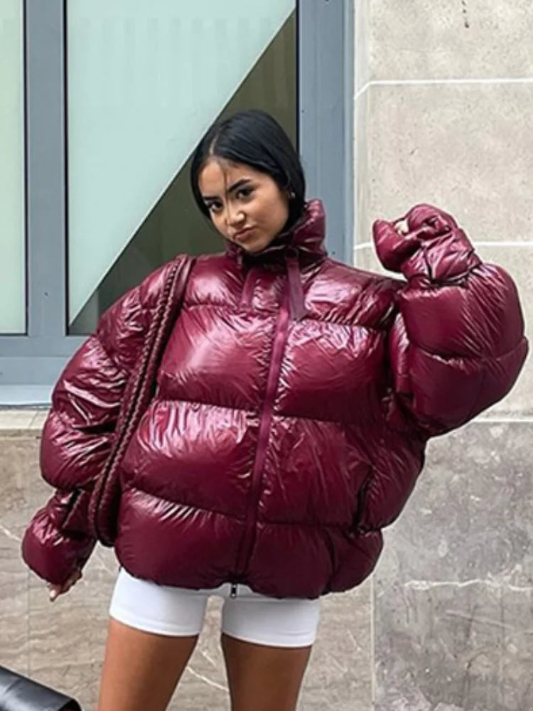 Burgundy Oversized Puffer Jacket Women - Trendy Winter Coat for Cold Days 0