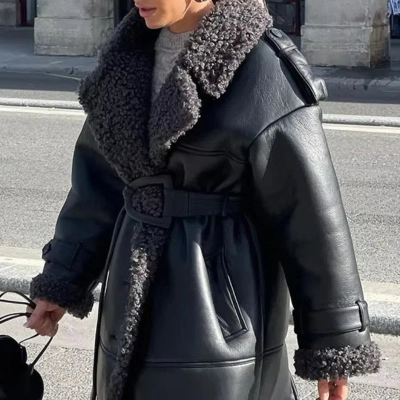 Faux Fur Leather Long Jacket Women - Chic Belted Winter Coat with Lapel and Long Sleeves for Stylish Winter Fashion 5