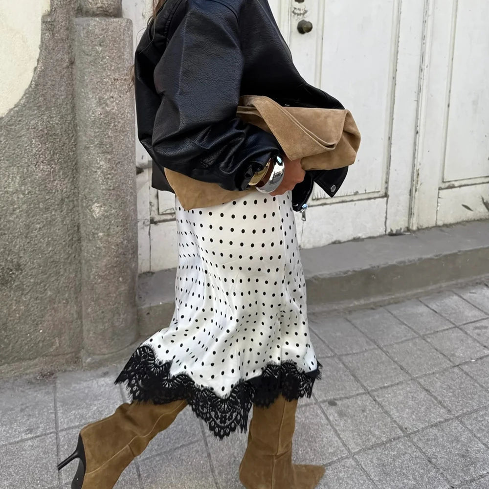 Retro Dots Print Casual Lace Midi Skirt for Women - Slim High Waist Elegant Patchwork Skirts 1