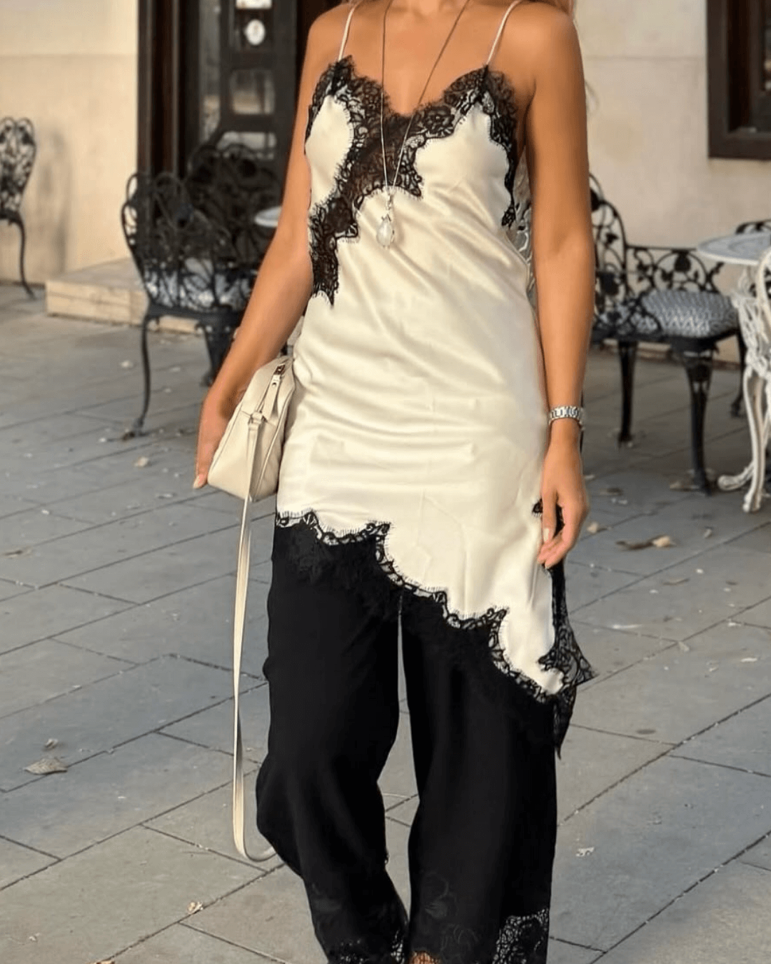 Soera Arah Asymmetric Satin Lace Midi Dress