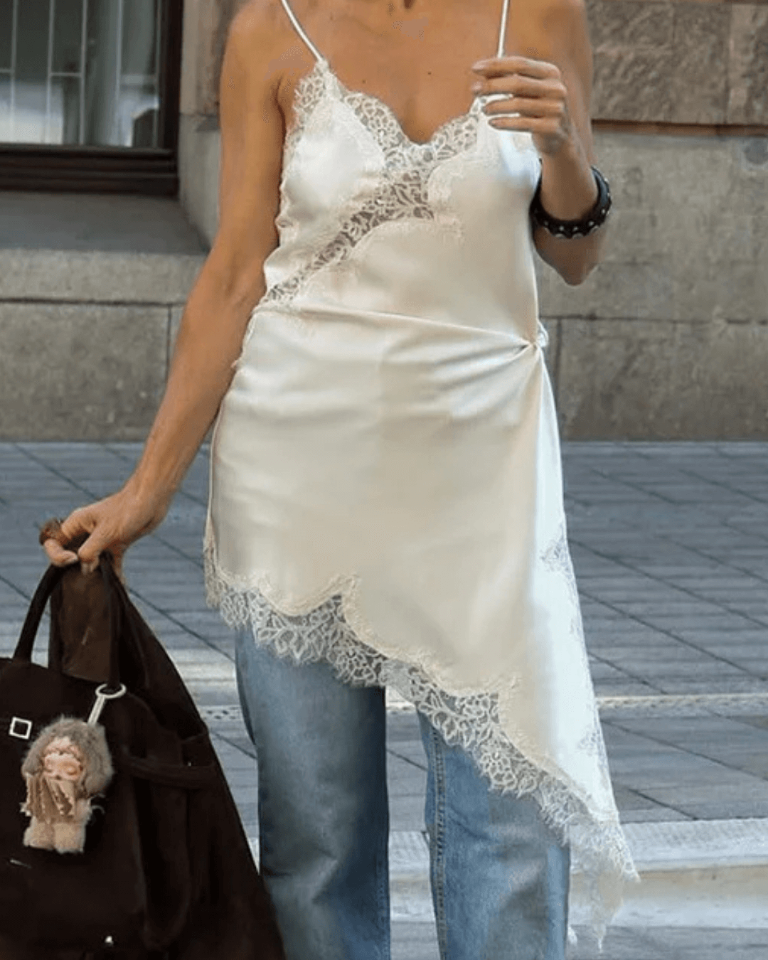 Soera Arah Asymmetric Satin Lace Midi Dress