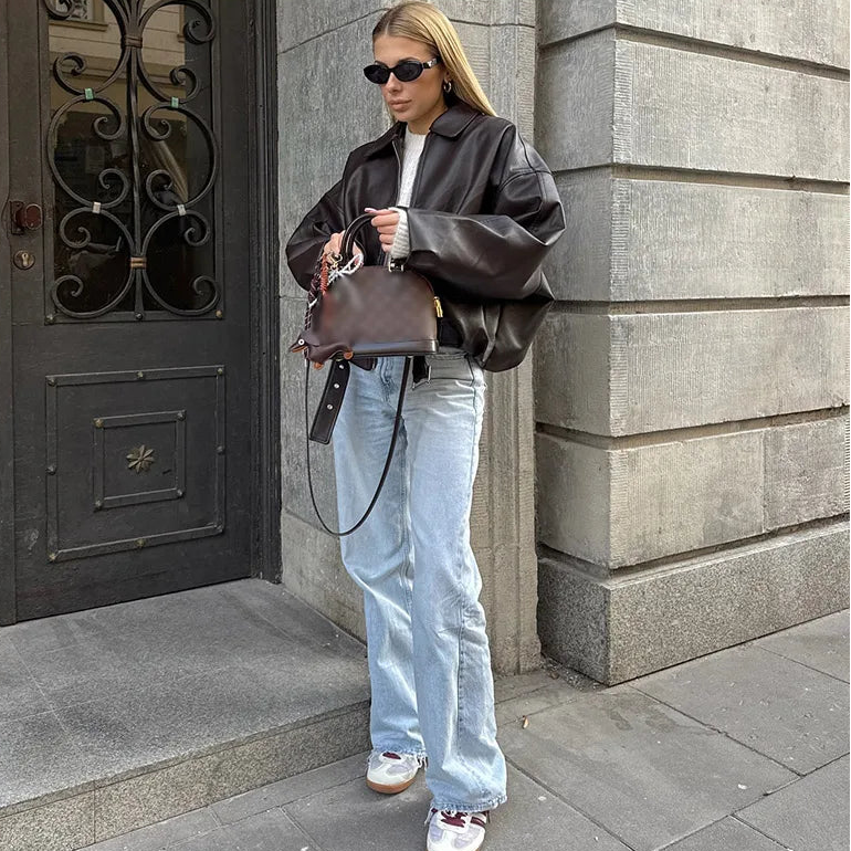 Vintage PU Leather Bomber Jacket for Women - Long Sleeve Zipper Coat with Pockets - Stylish Women's Jacket for Autumn Streetwear 1