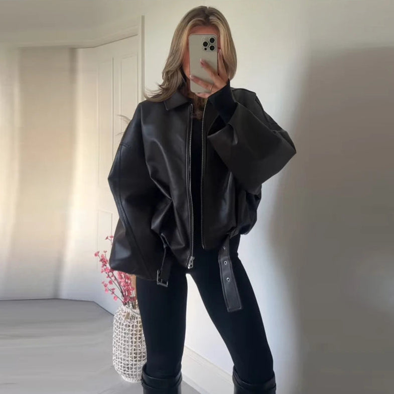 Vintage PU Leather Bomber Jacket for Women - Long Sleeve Zipper Coat with Pockets - Stylish Women's Jacket for Autumn Streetwear 4