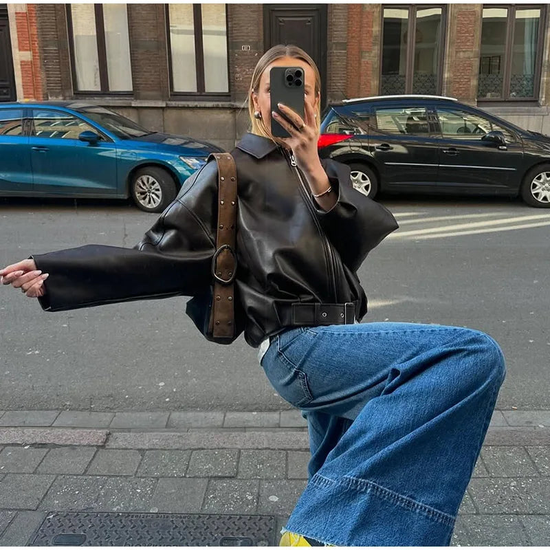 Vintage PU Leather Bomber Jacket for Women - Long Sleeve Zipper Coat with Pockets - Stylish Women's Jacket for Autumn Streetwear 5