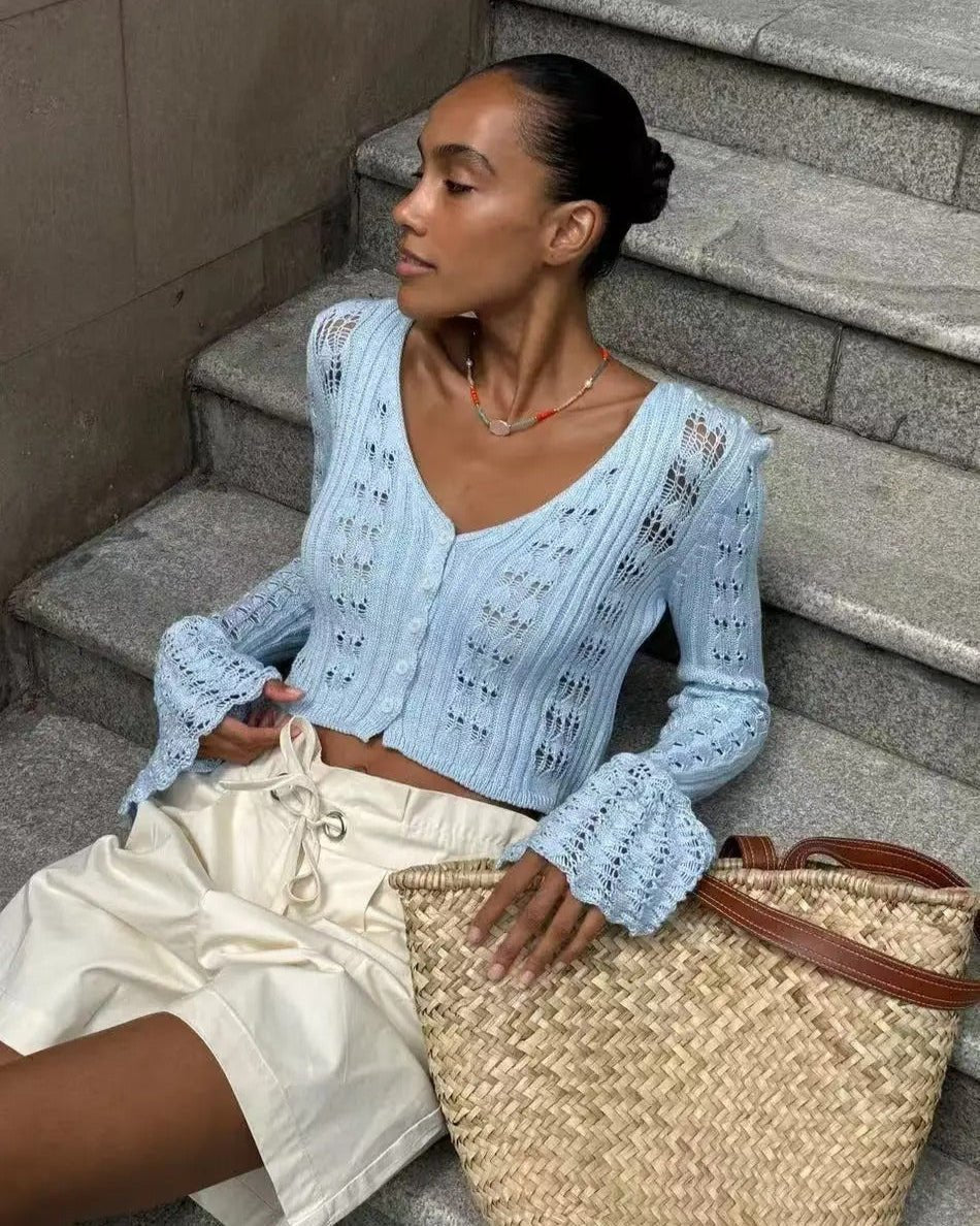 SOERA Ivana Hollow Out Knitted Cardigan - Cardigans - tL1771188465070266229 Blue S