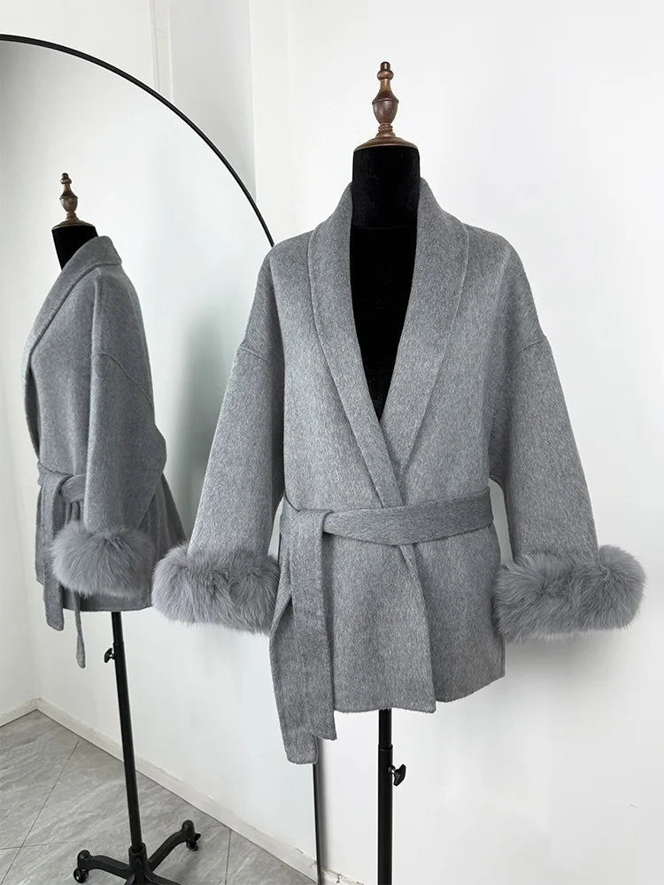 SOERA Wool Wrap Coat with Fox Fur Cuff - Coats & Jackets - 3256809512722732-;qf1766845283309419072 Short Burgundy L