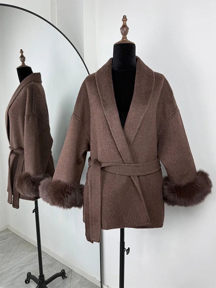 SOERA Wool Wrap Coat with Fox Fur Cuff - Coats & Jackets - 3256809512722732-;qf1766845283309419072 Short Burgundy L