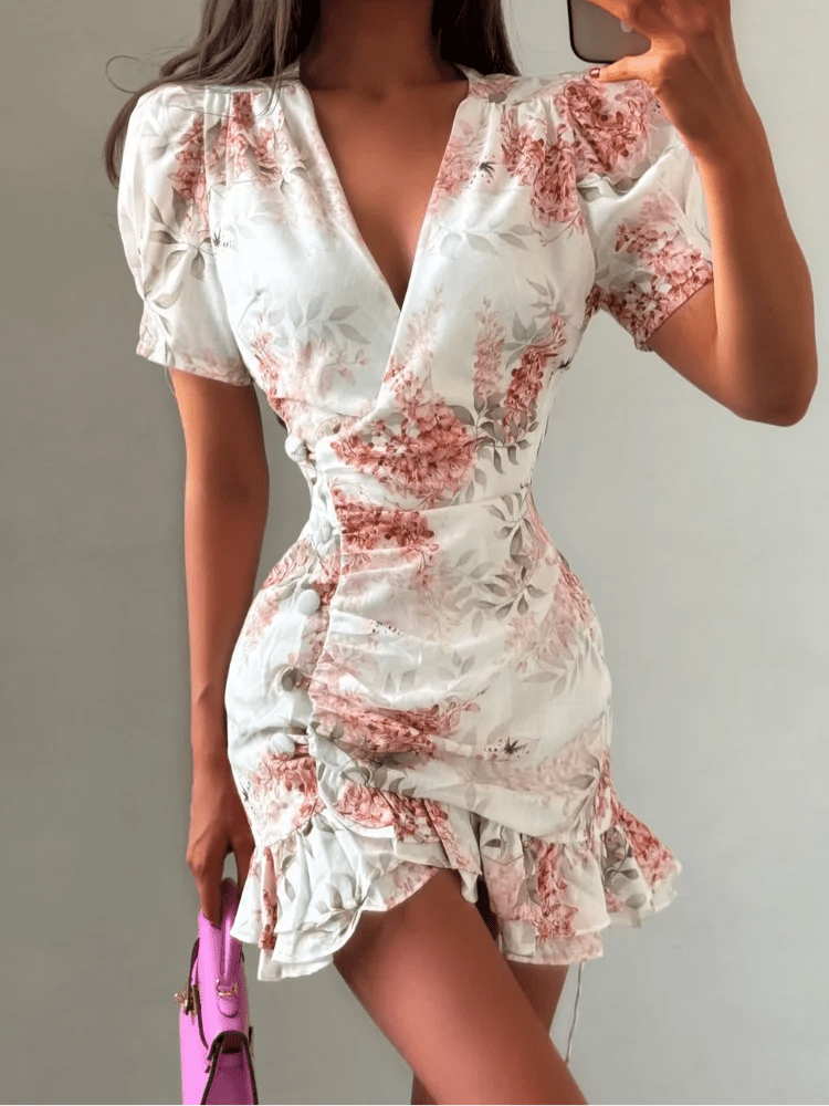 SOERA Beatrice Floral V - Neck Mini Dress - Dress - Pink M