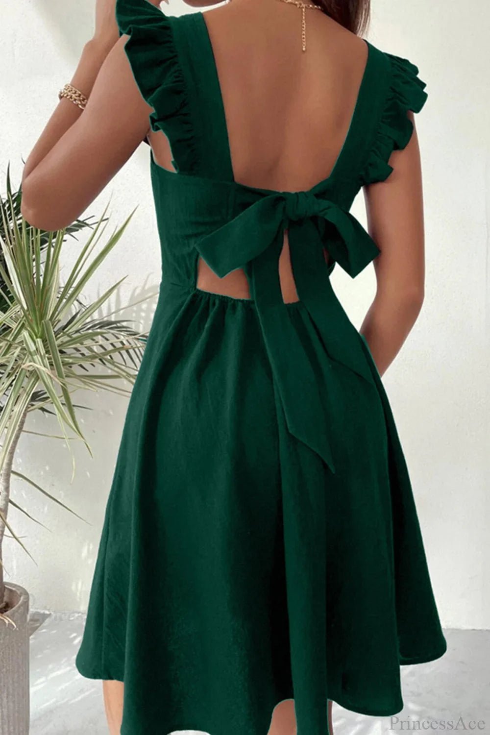 SOERA Bianca Sleeveless Mini Dress with Ruffle Tie - back - Dress - Dark Green XS