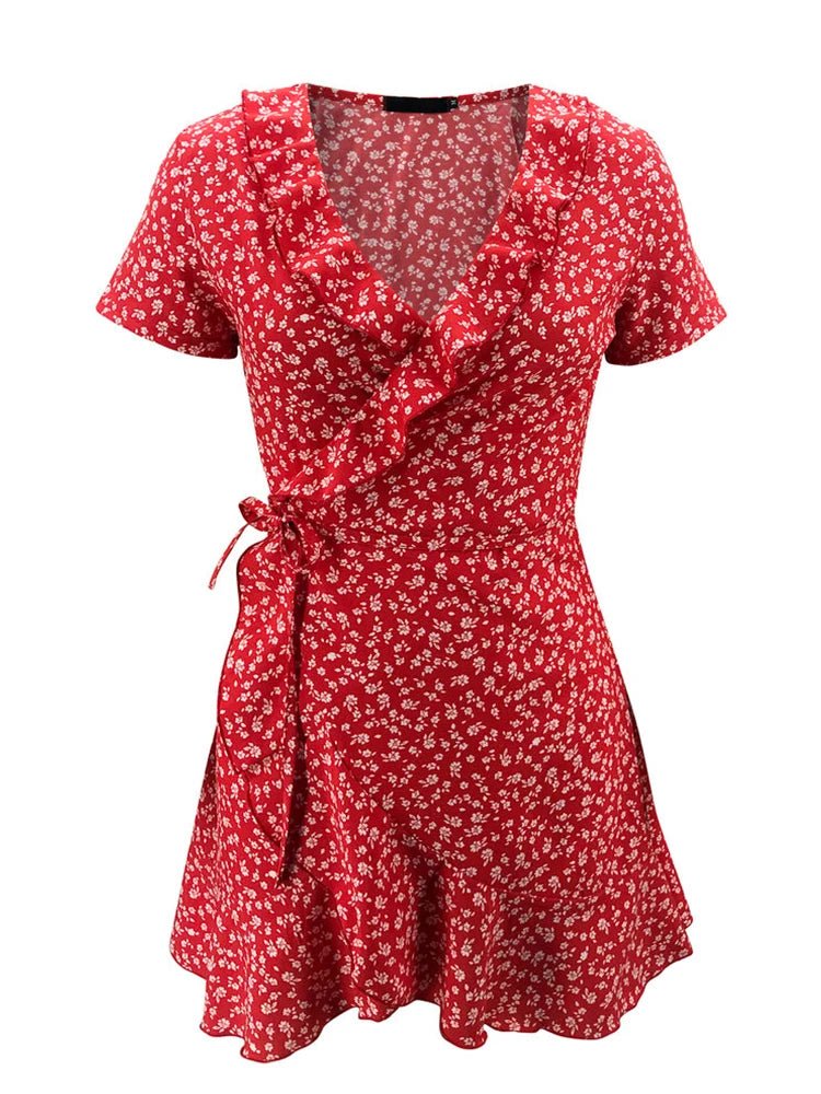 SOERA Celeste Floral V - Neck A - Line Mini Dress - Dress - Red L