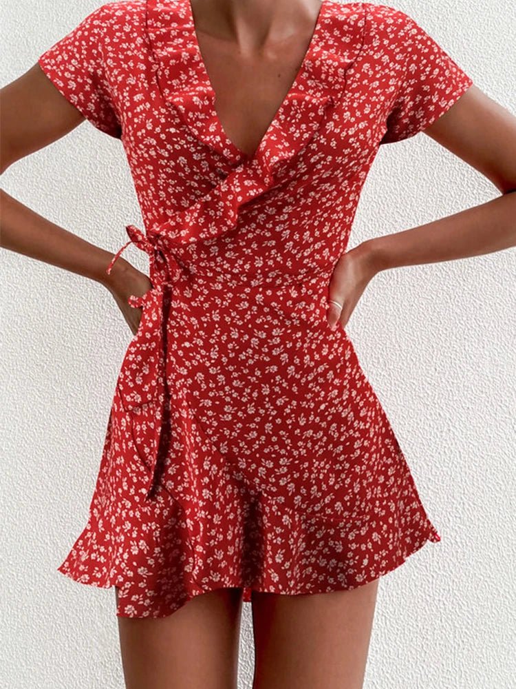 SOERA Celeste Floral V - Neck A - Line Mini Dress - Dress - Red L