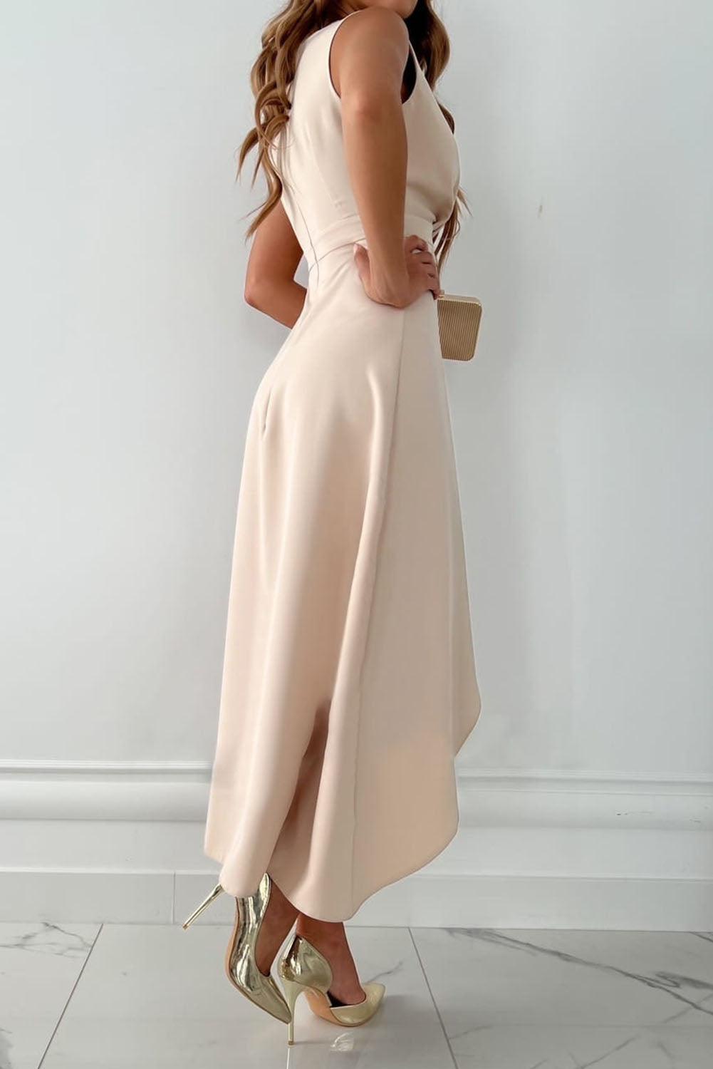 SOERA Celeste V - Neck Asymmetrical Hem Midi Dress - Dress - Beige L