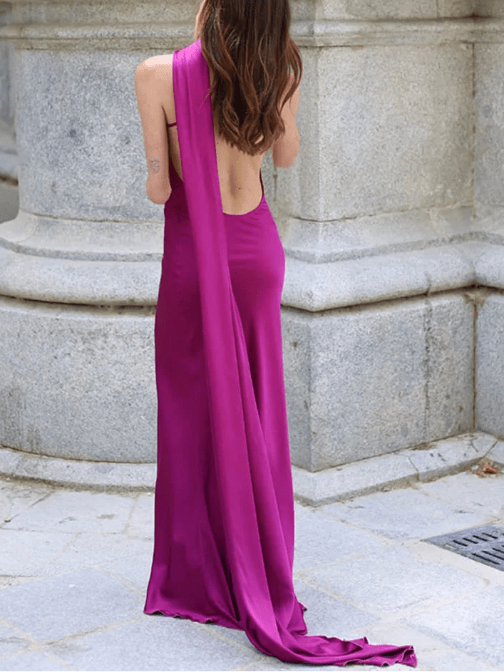 SOERA Demetra Satin Halter Backless Evening Gown - Dress - Purple S