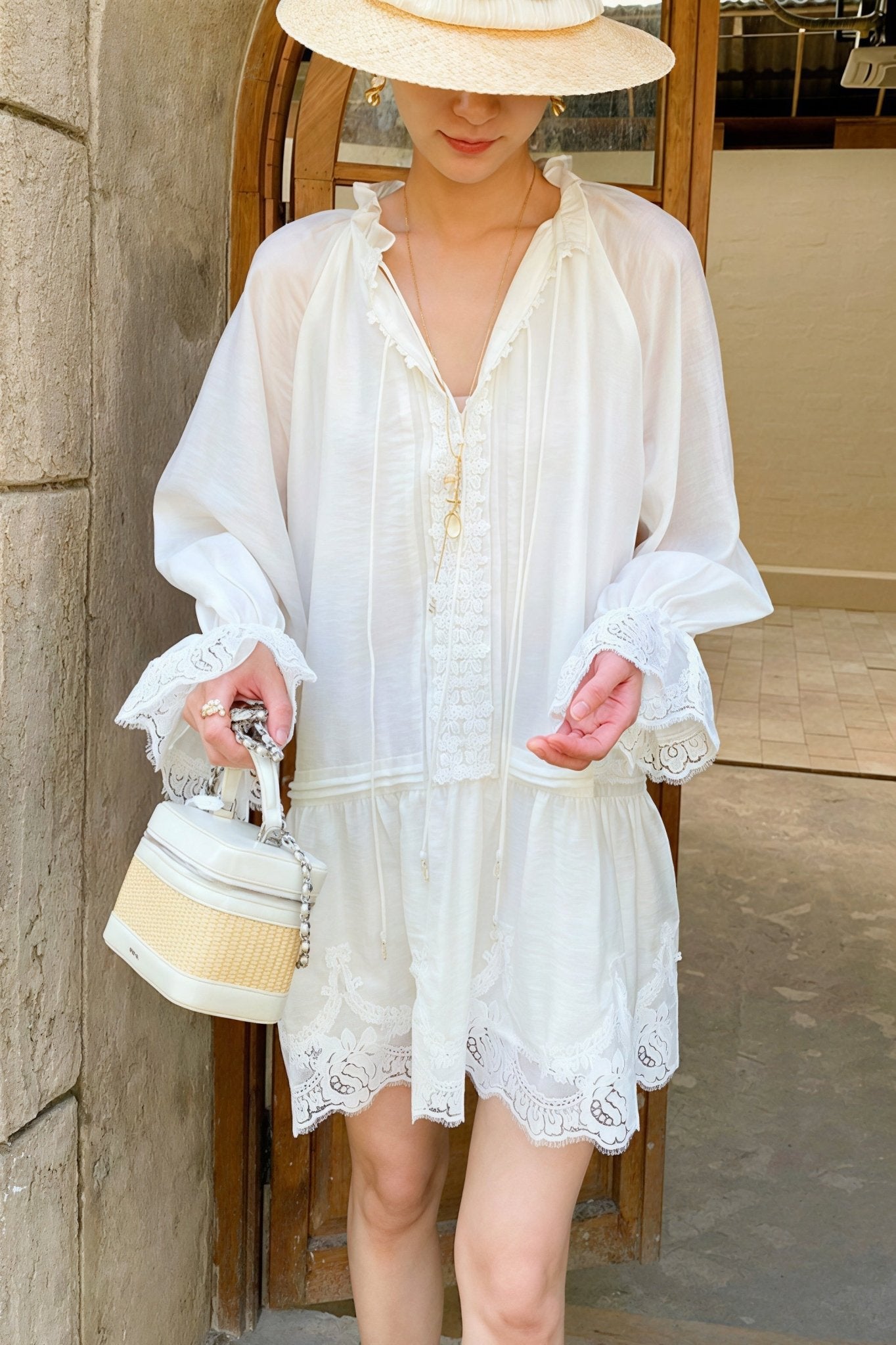 SOERA Imara Linen Lace Patchwork Midi Dress - Dress - Offwhite S