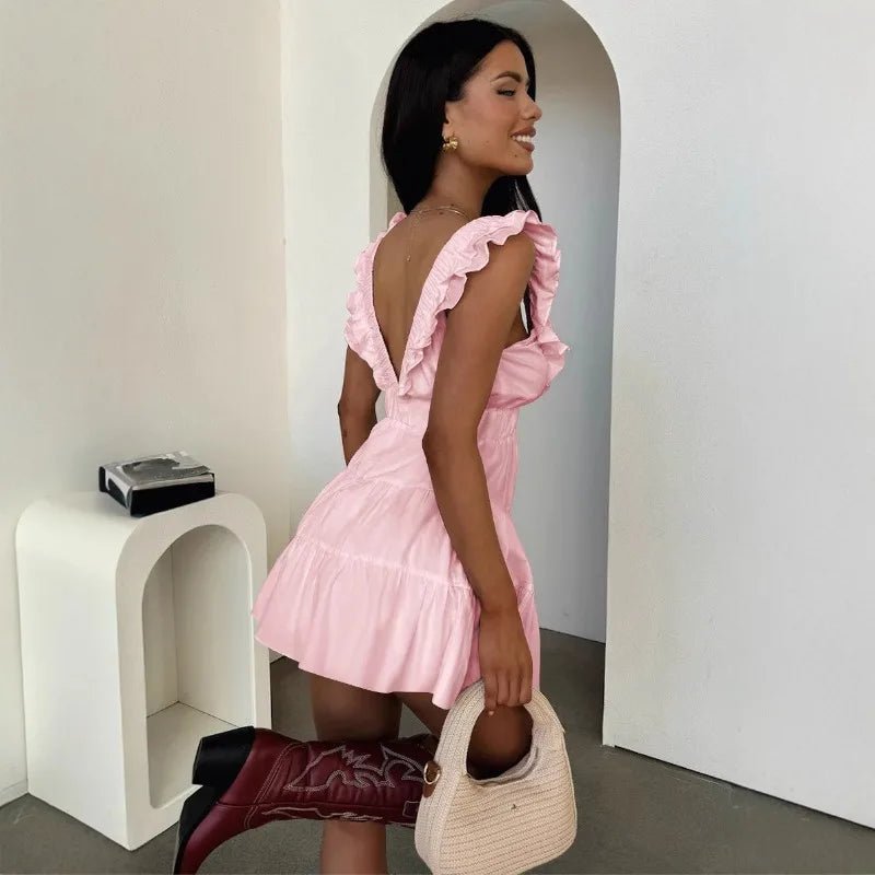 SOERA Zelia V - Neck Ruffle Sleeveless Dress - Dress - Pink XS