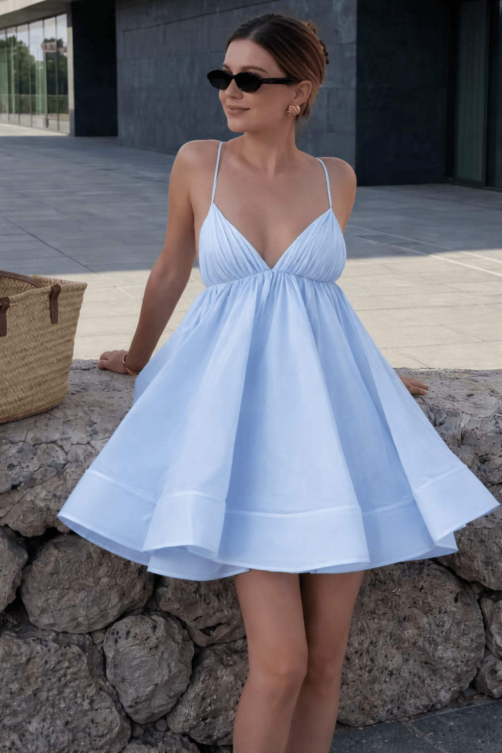 SOERA Beatrice V-Neck Suspender Mini Dress - Dresses - Blue S