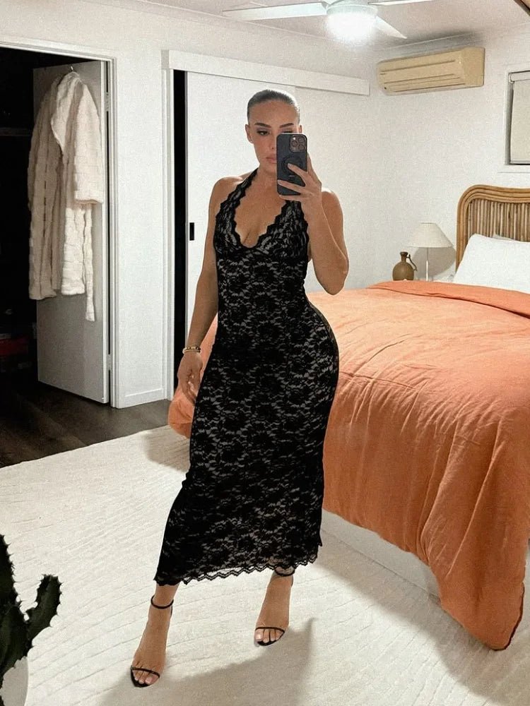 SOERA Halter Neck Lace Maxi Dress - Dresses - 1005011608265774-;Ld1775670872647427336 Black M