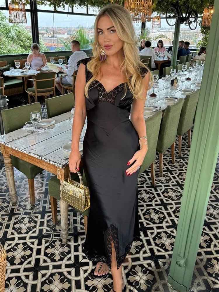 SOERA Joanna Satin Lace Long Dress - Dresses - 1005009954790316-;eh1775118759075242144 Black S