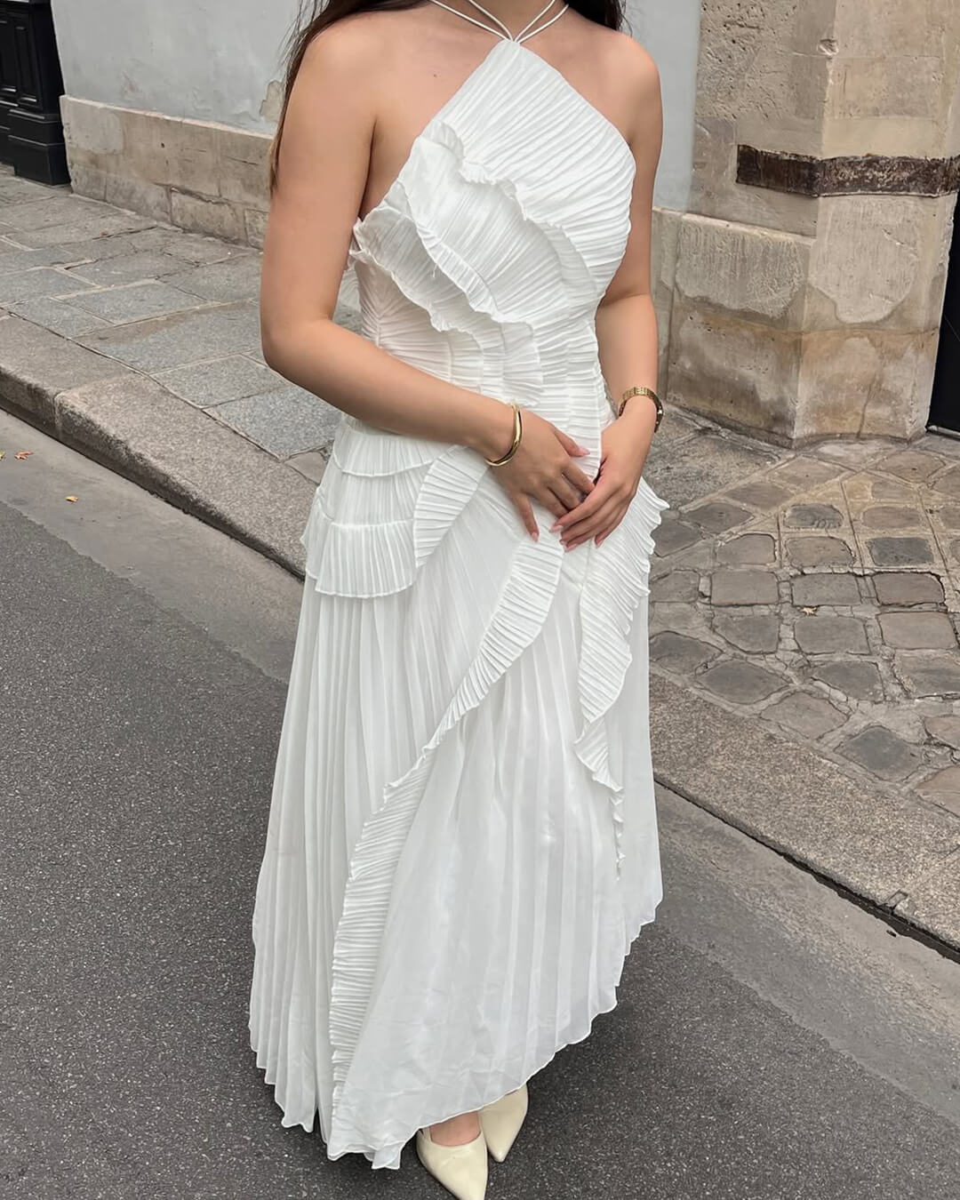 SOERA Ruffa Halter Strap Ruffled Tule Dress - Dresses - 1005009034201148-;ue1764062902536281126 White M