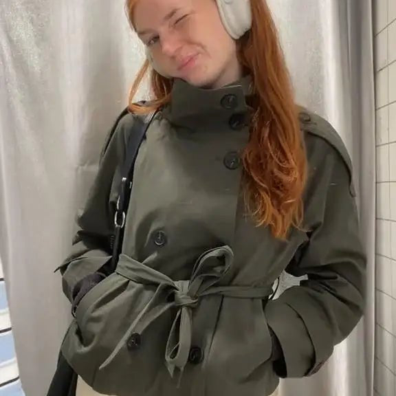 SOERA Kara Stand Collar Belted Crop Trenchcoat - Jackets - 1005009693239722-;KU1771494648618955528 Olive XS