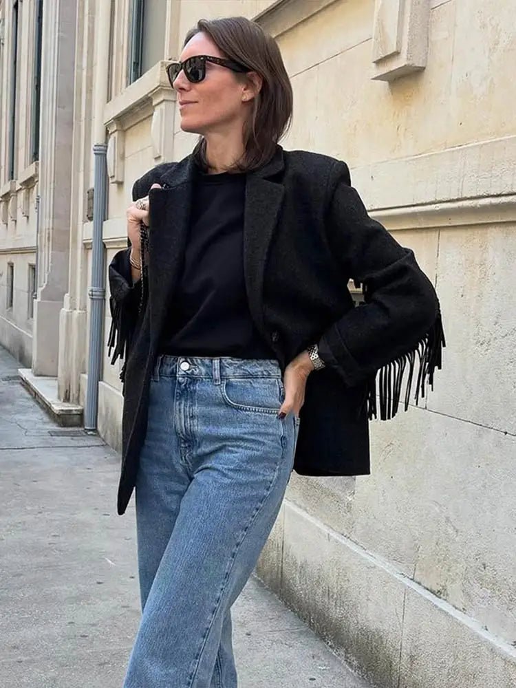 SOERA Marcelle Fringed Blazer Jacket - Jackets - 1005010340456789-;px1770053333910830978 Black S