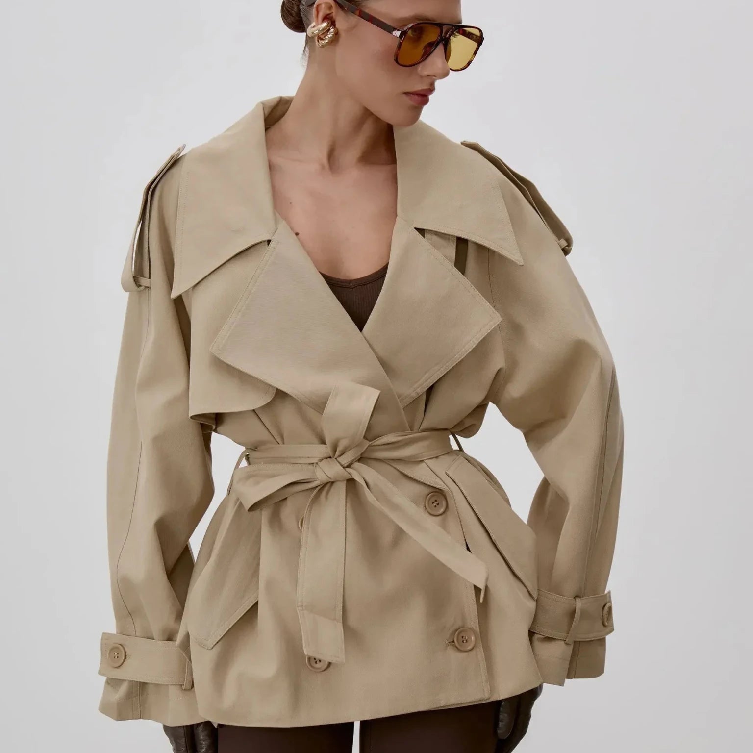 SOERA Sonia Lace Up Stand Collar Trenchcoat - Jackets - 1005011734952768-;Ni1773321573271304204 Beige S