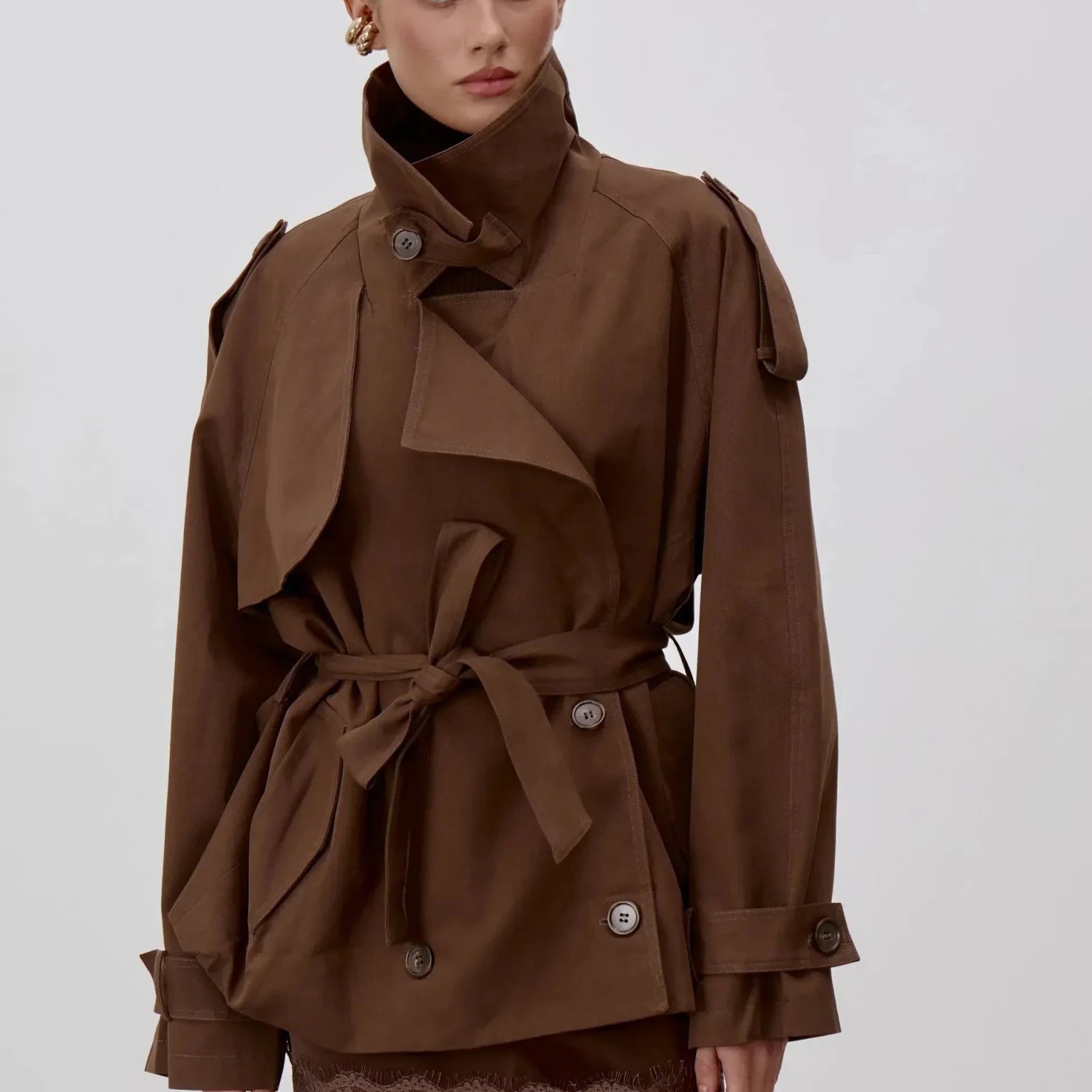 SOERA Sonia Lace Up Stand Collar Trenchcoat - Jackets - 1005011734952768-;UU1773321573269886078 Dark Brown S