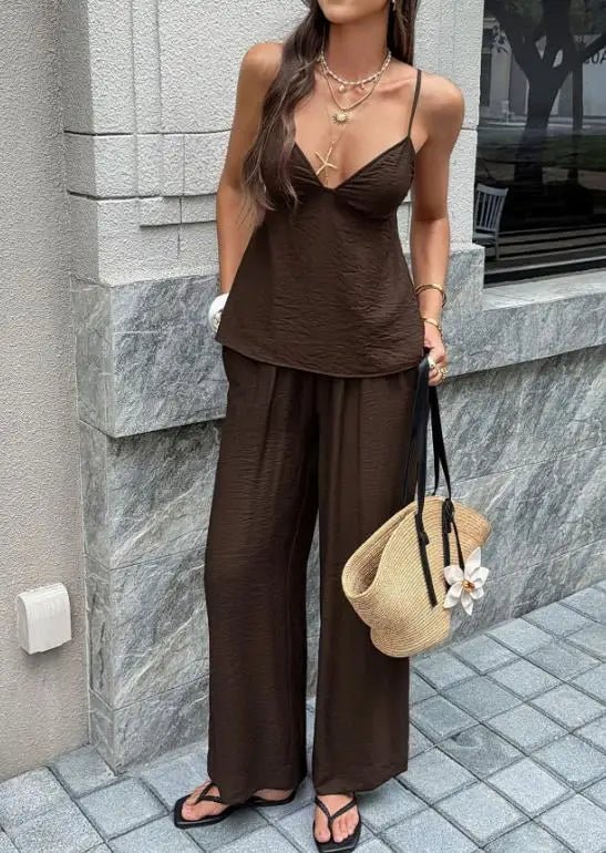 SOERA Odette Deep V - Neck Cami Wide Leg Pants Set - Jumpsuit - Brown S