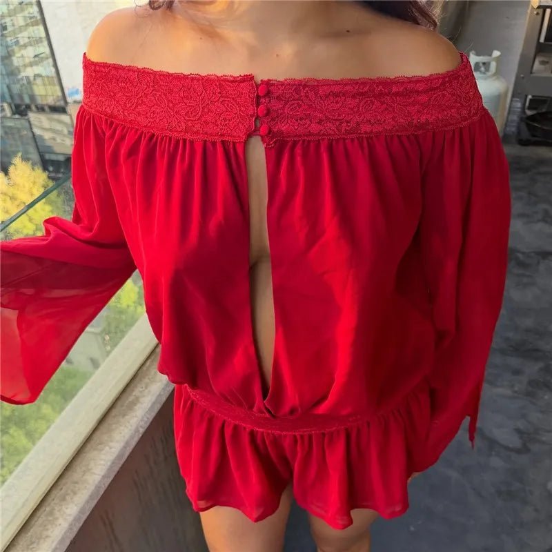 SOERA Melanie Off-Shoulder Chiffon Romper - Jumpsuits & Rompers - SOERA-537987-DEF-OS-69420 Red S