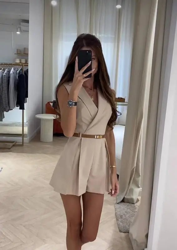 SOERA Bianca Structured Belted Sleeveless Romper - Jumpsuits & Rompers - Apricot L