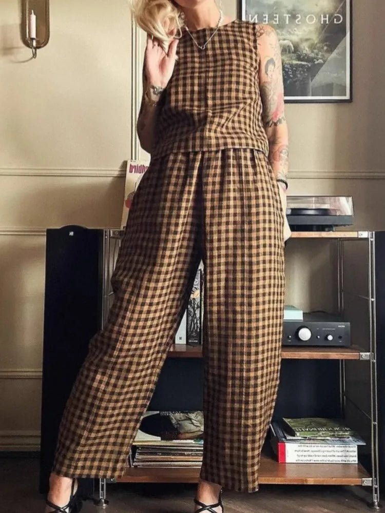 SOERA Zara Plaid Sleeveless Vest Nine Point Pants Set - Jumpsuits & Rompers - Blue S