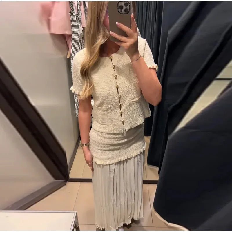 SOERA Beatrice Knitted Tank & Pleated Skirt Set - Matching Sets - Beige Top M