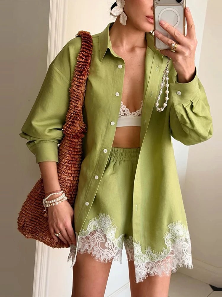 SOERA Celeste Lace Patchwork Beach Shirt Set - Matching Sets - Green M