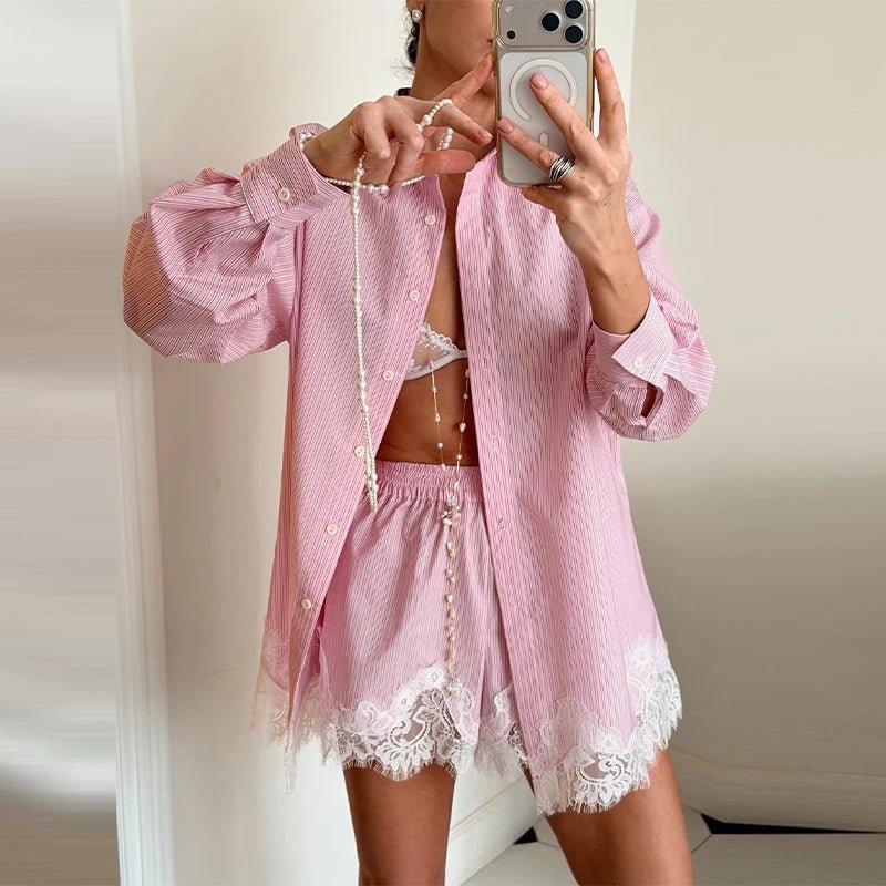 SOERA Celeste Lace Patchwork Beach Shirt Set - Matching Sets - Pink Striped S