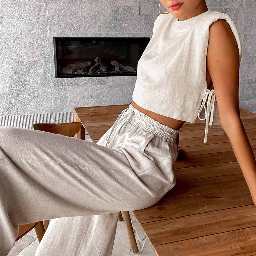SOERA Delfina Linen Crop Top Two Piece Set - Matching Sets - Beige L