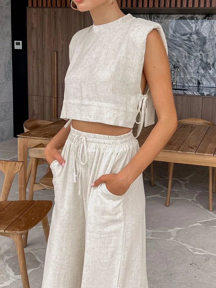 SOERA Delfina Linen Crop Top Two Piece Set - Matching Sets - Beige S