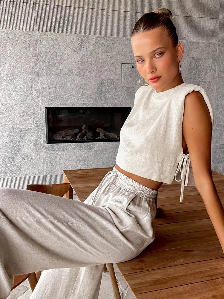 SOERA Delfina Linen Crop Top Two Piece Set - Matching Sets - Beige S