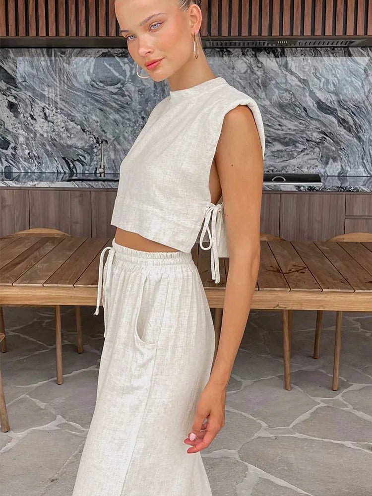 SOERA Delfina Linen Crop Top Two Piece Set - Matching Sets - Beige XL