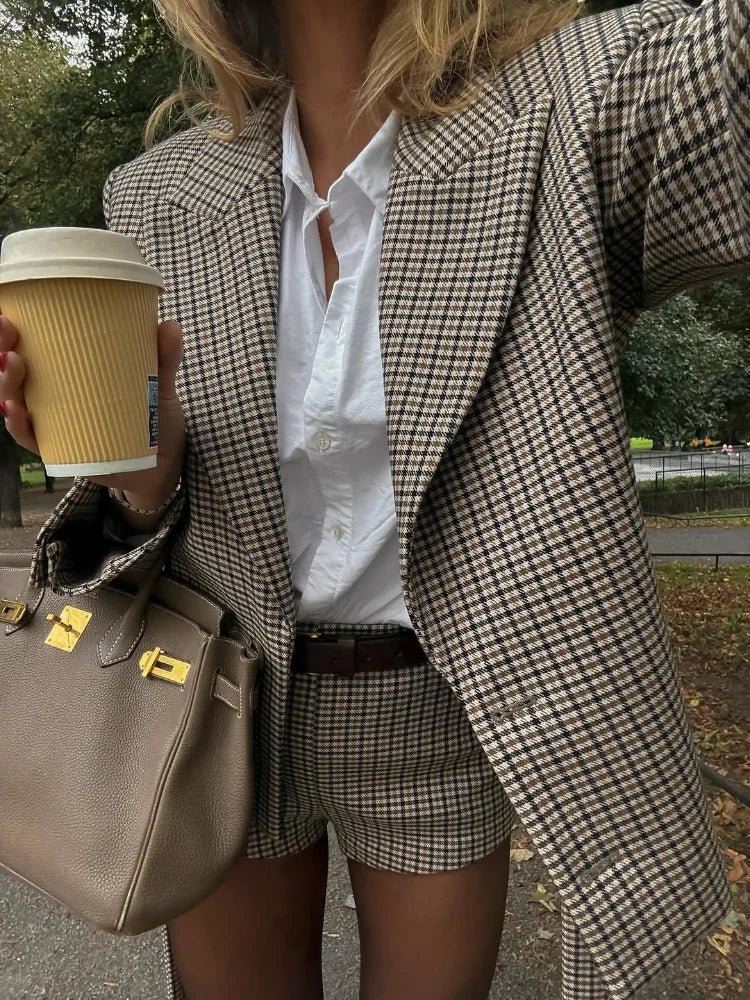 SOERA Lucy Houndstooth Belted Shorts Suit - Matching Sets - 1005010106269418-;Mc1770303445138165376 Blazer S