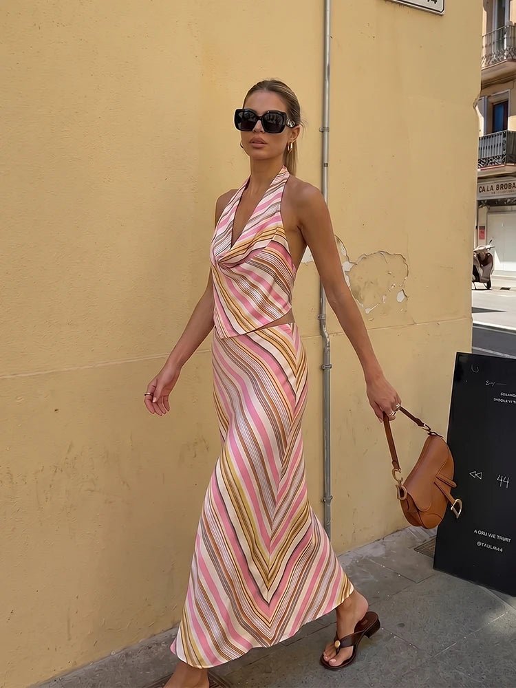 SOERA Sienna Bohemian Striped Satin Two - Piece Set - Matching Sets - Skirt XS