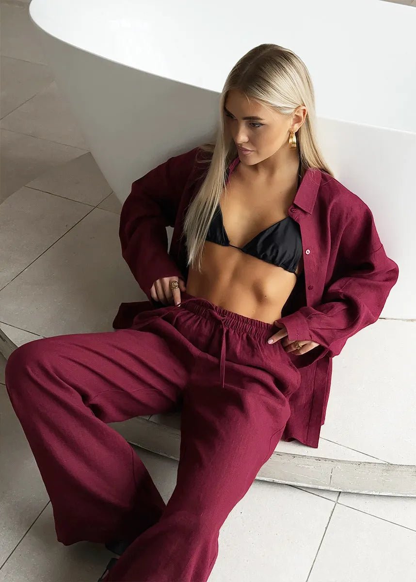 SOERA Bianca Relaxed Cotton Shirt & Wide - Leg Pants Set - Pants - Burgundy L