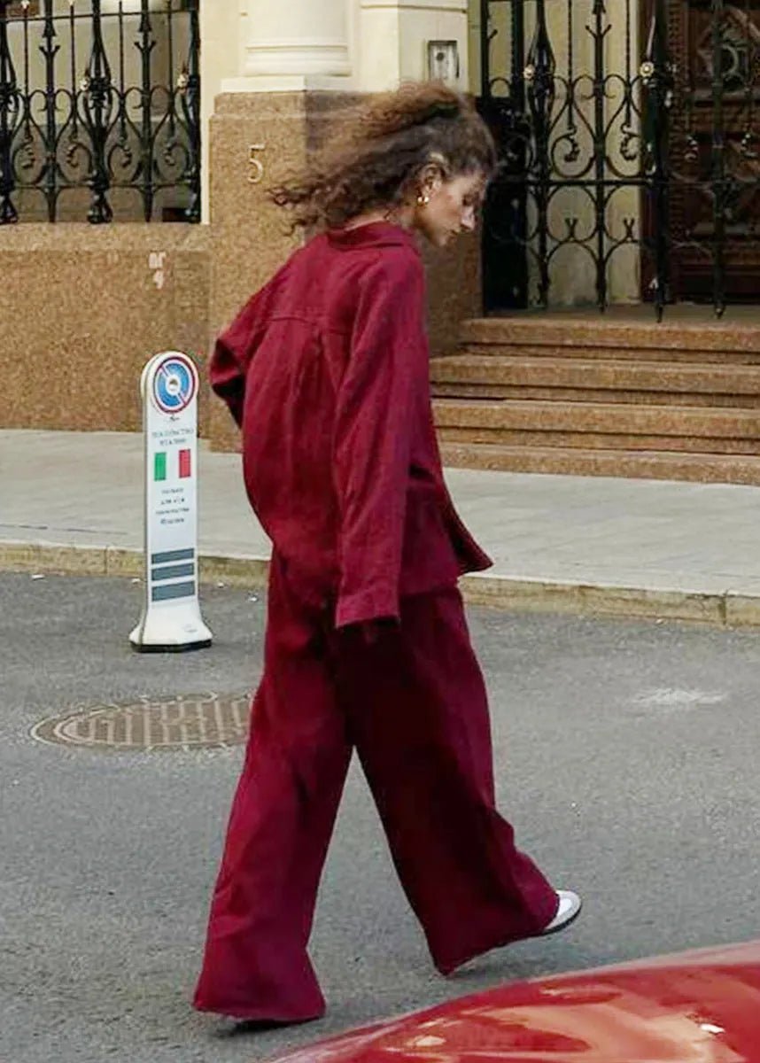 SOERA Bianca Relaxed Cotton Shirt & Wide - Leg Pants Set - Pants - Burgundy M