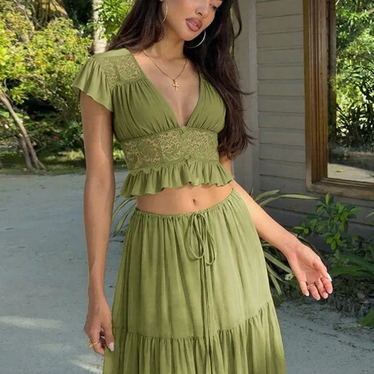 SOERA Morrigan Lace Chiffon Top & Skirt Set - Set - Green XS