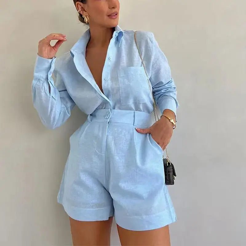 SOERA Solenn Long Sleeve High Waist Shorts Set - Set - 1005006975478785-;zk1776063209451321739 Blue S