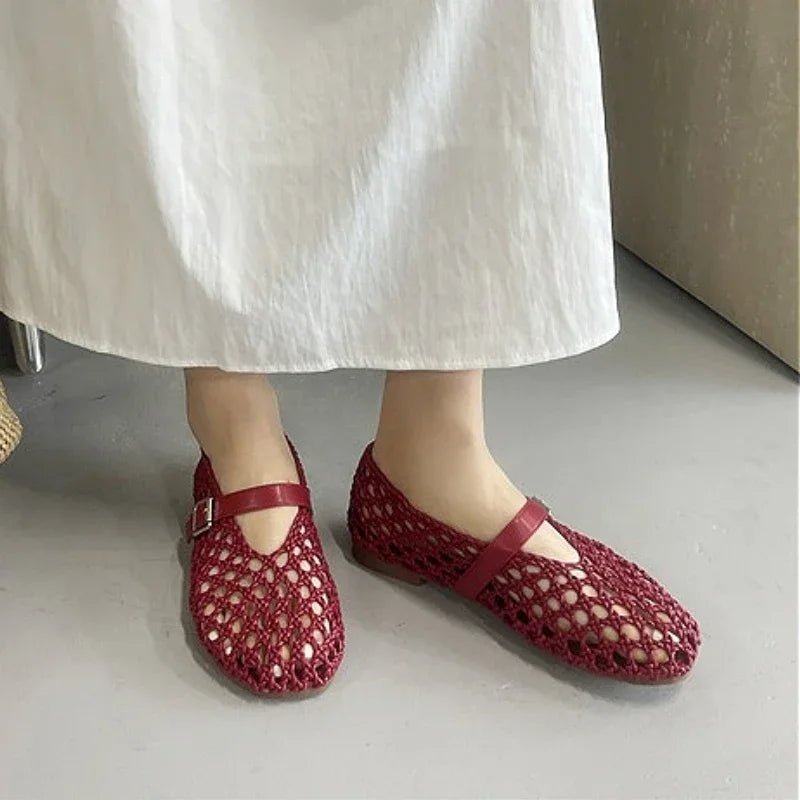 SOERA Bianca Woven Hollow Flat Sandals - Shoes - Burgundy 35