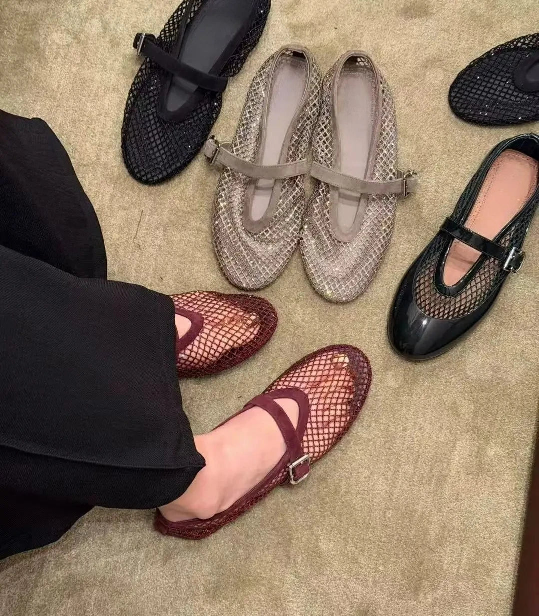 SOERA Jessica Rhinestone Mesh Ballet Flats - Shoes - Burgundy 35