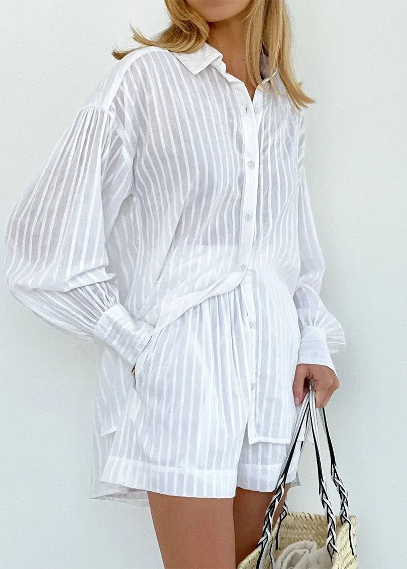 SOERA Bridget Striped Cotton Shirt and Shorts Set - Shorts - S
