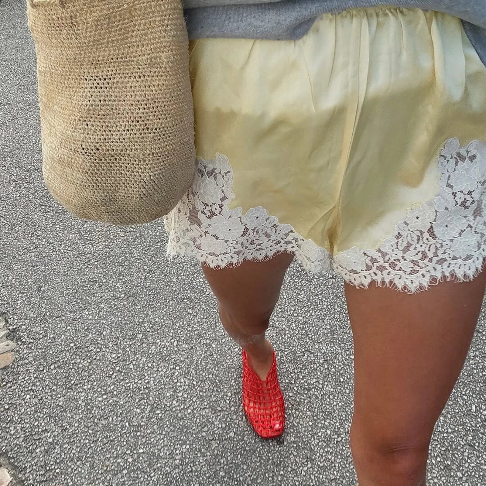 SOERA Laura Lace Patchwork Satin Shorts - Shorts - 1005009770535685-;LW1774621553229912330 Yellow M