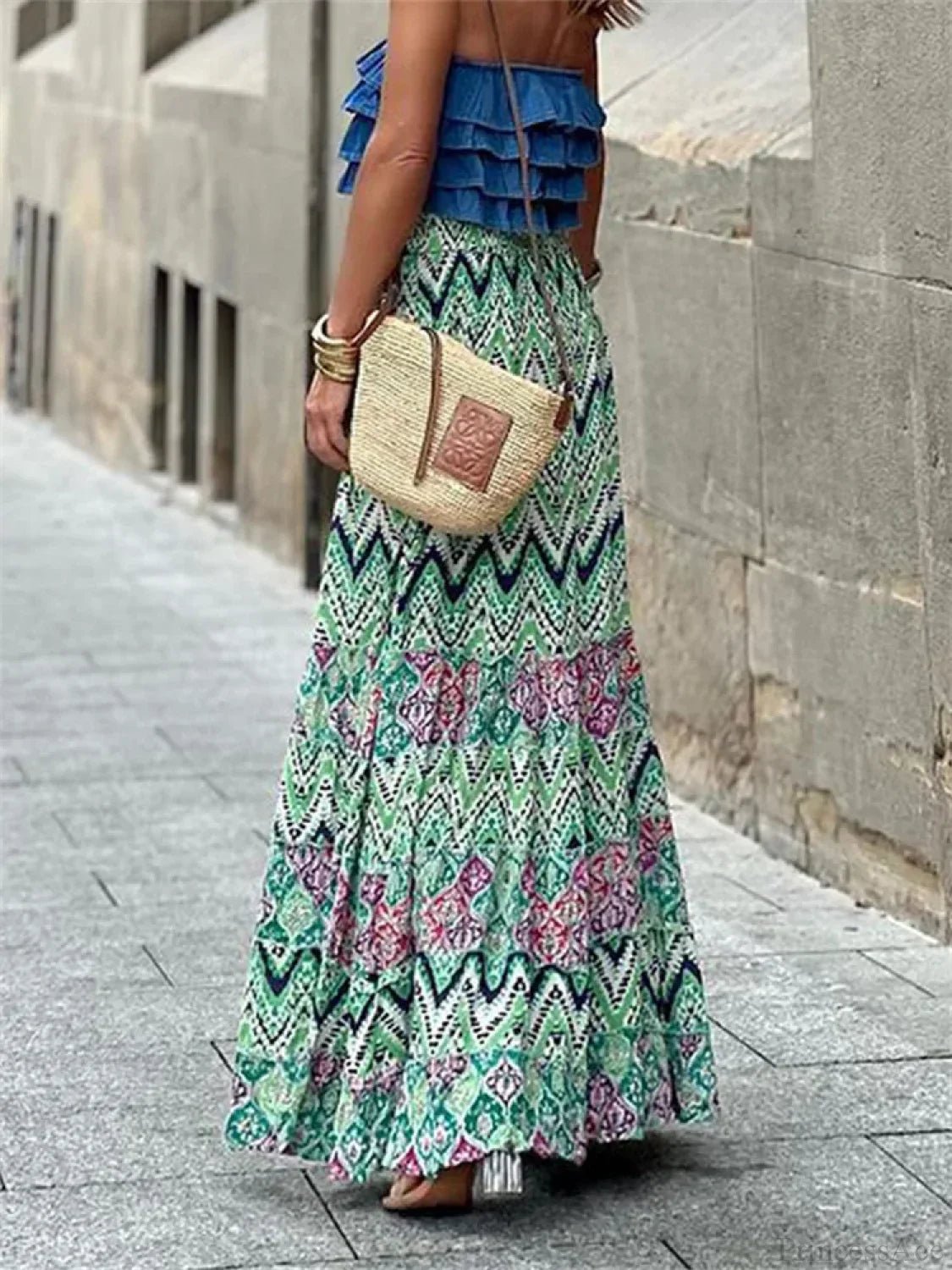 SOERA Celeste Flowy Boho Print Ruffled Hem Skirt - Skirt - Green S