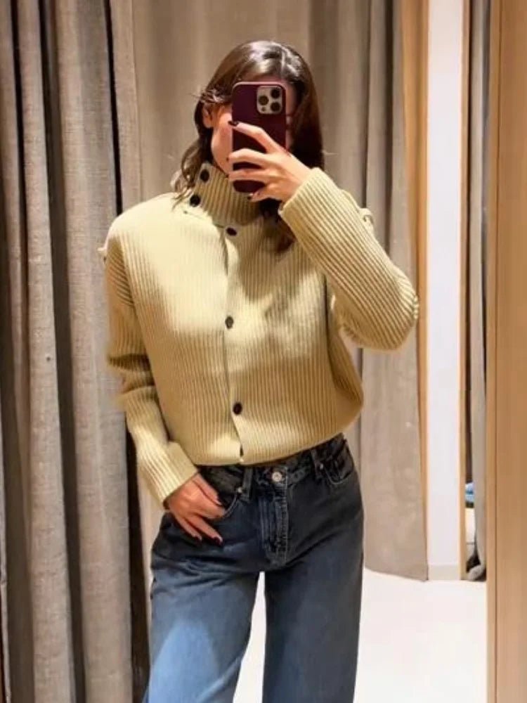 SOERA Sandra Stand Collar Knitted Cardigan - Sweaters & Cardigans - LD1764875723419128637 Beige M